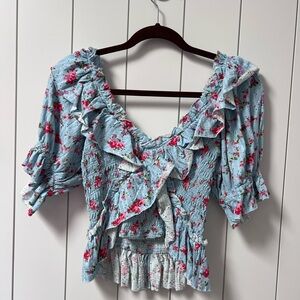 Free People Floral Ruffle Smocked Top - Blue and Pink